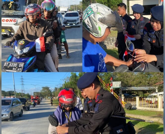 
 Semarak Merah Putih: Brimob Polda Sultra Bagikan dan Pasangkan Bendera kepada Pengguna Jalan Sambut HUT RI ke-80