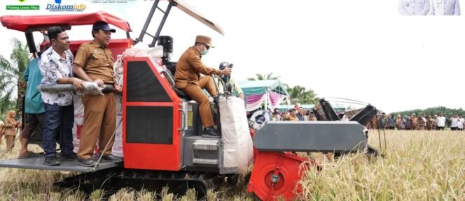 
 Putra Mahkota Alam Hasibuan Ujicoba Alat Pertanian Cobine Harvester Saat Peninjauan Panen Raya di Desa Sidongdong dan Batu Si Sundung Kecamatan Barumun Barat