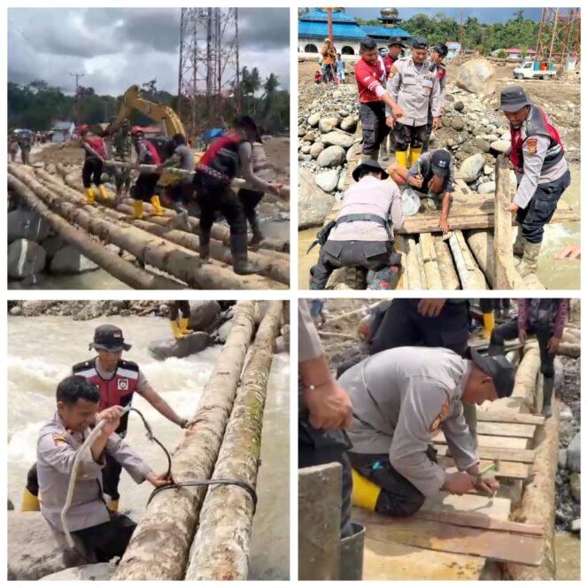 
 Polda Sumbar dan Riau Bekerjasama Buat Jembatan Darurat di Agam yang Sempat Terbawa Arus Sungai