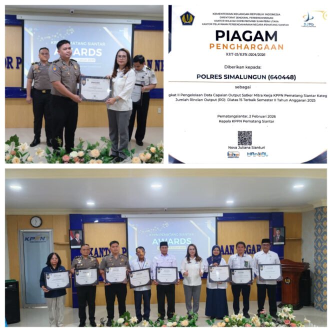 
 Polres Simalungun Raih Tiga Penghargaan Pengelolaan Anggaran dari KPPN Pematangsiantar