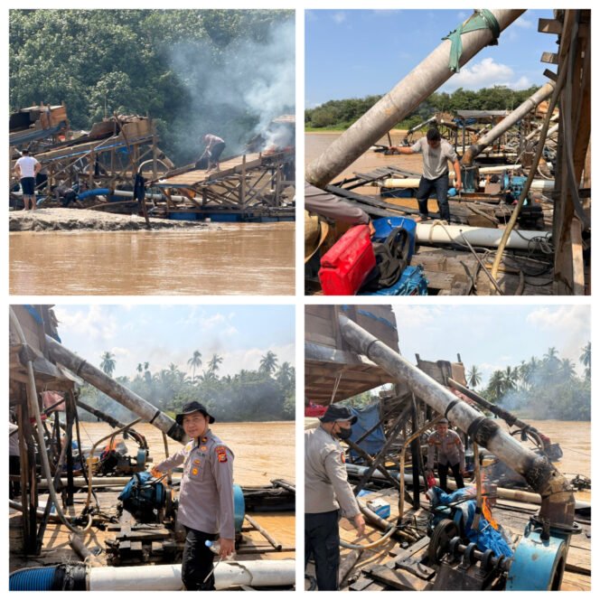 
 Polsek Cerenti Tertibkan 12 Rakit PETI Jenis Dompeng di Sungai Kuantan Desa Pulau Busuk