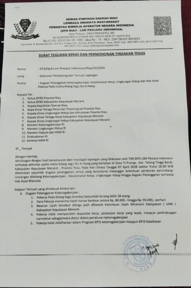 
 LSM Penjara Indonesia Minta Aparat Segera Periksa Dugaan Pelanggaran di Kilang Sagu Sio A Hiang