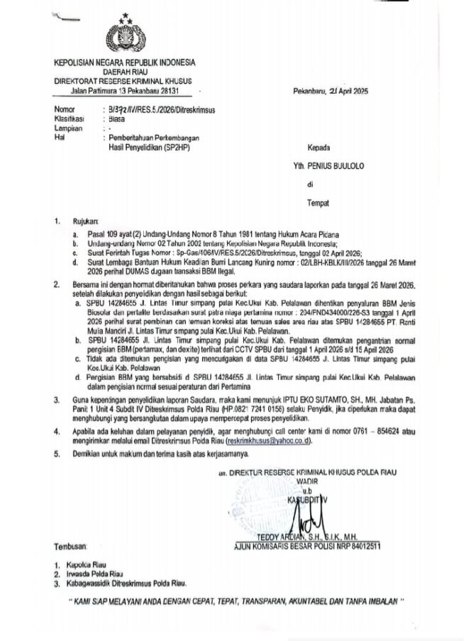 
 Dugaan Penyalahgunaan Penyaluran BBM di Ukui Disorot, LBH Minta Penindakan Lanjutan