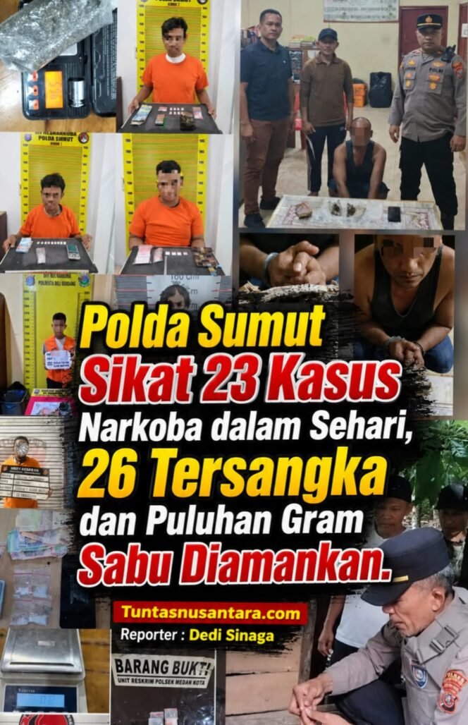 
 Polda Sumut Sikat 23 Kasus Narkoba dalam Sehari, 26 Tersangka dan Puluhan Gram Sabu Diamankan