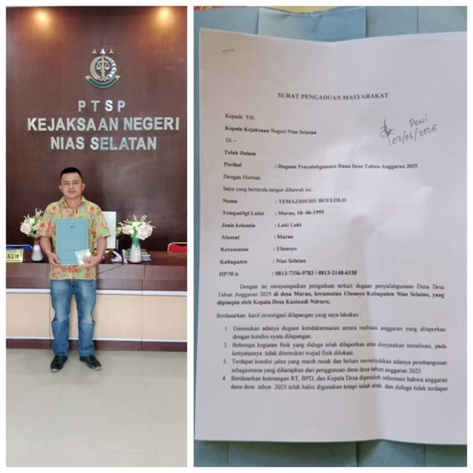 
 Warga Masyarakat Laporkan Dugaan Penyalahgunaan Dana Desa Marao ke Kejaksaan Negeri Nias Selatan