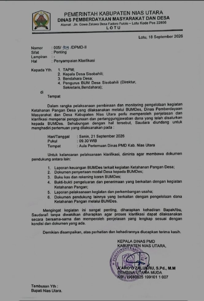 
 Dinilai Tidak Takut Permintaan klarifikasi Dinas PMD Nias Utara,Pengurus BUMDES Mangkir Pertanggungjawabkan Dana Rp 94 Juta Rupiah.